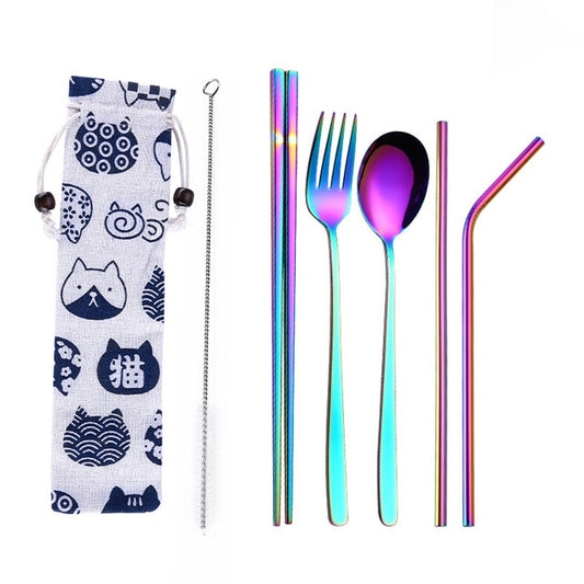 Stainless Steel Dinnerware Set with Cloth Pack - Fork, Spoon, Chopsticks, Straw