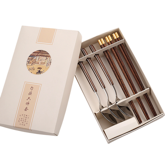 Japanese Style Stainless Steel Wooden Spoon & Chopsticks Set