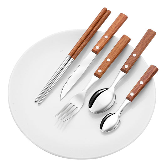 Premium Pear Wood Handle Stainless Steel Chopsticks & Cutlery Set - 5 Pieces