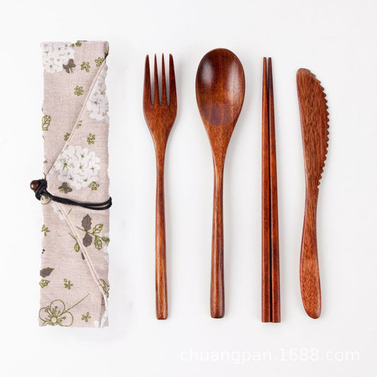 Japanese Style Portable Wooden Tableware Set - Spoons, Forks, Chopsticks
